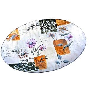 Vintage Reverse Painted Oval Tray Art Glass Brilliant Flowers Asian 16"